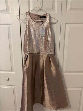 Little Mistress Girls Rose Gold Sequin Bodice & Satin Skirt Formal Dress